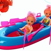 Кукла маленькая в лодке с веслами, 2 куклы+кукла-русалка,рыбка