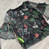 Крута футболка тропічний принт квіти сітка валан рюші