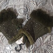 Распродажа!!!❤️Брендовые натуральные замшевые хаки цвета со стразами перчатки тёплые митенки❤️Турция