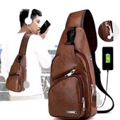 Мужская сумка слинг с usb кабелем сумка мужская на плечо экокожа коричневая
