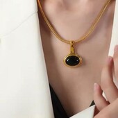 Кольє, ланцюжок круглий снейк, підвіска, кабошон, скло чорне, медзолото