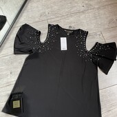 Розпродаж футболка оголені плечі у стрази камінці жемчуг колір чисто чорний не передає камера
