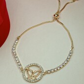 Очень красивый браслет дорожка фианитов с бабочкой, на бегунке 12-21 см. Позолота 585 пробы 18 К.