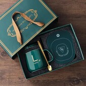 Чашка керамічна темно-зелена з підставкою - підігрівачем та ложечкою в упаковці-пакеті