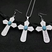 Набір, сет прикрас сережки, підвіска хрест, хрестик, медсталь, бірюза, релігія, панк, рок