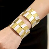 Браслет манжет, широкий, лист, клітинка, шахматка медзолото, позолота 18к