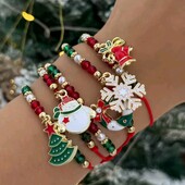 Новорічні, різдвяні браслети, набір 5 шт, мотузкові, підвіски сніжинка, санта, ялинка, сніговик