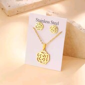 Набір, сет прикрас сережки, ланцюжок підвіска квітка, троянда, медзолото