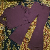 Бордовий костюм з топом з довгими рукавами та розкльошеними штанами для дому та сну.ботал