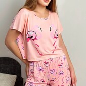 Женская молодежная розовая пижама двойка футболка/шорты фламинго.