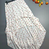 Спідниця біла в літній принт вишні асиметрична каскадна з рюшем