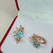 Бесподобные серьги с бирюзовыми и белыми фианитами. Позолота 585 пробы РО.