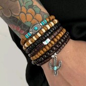 Набір сім штук еластичних браслетів дерево, етнічні, бохо, кактус, бірюза