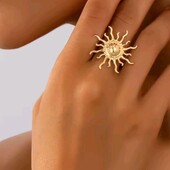 Відкрита, регулююча каблучка, кільце сонце, соняшник, промені, медзолото, тренд