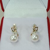 Великолепные серьги с жемчугом и фианитами. Позолота 585 пробы 18К.