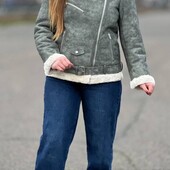 Дубленка жіноча хакі капюшоном знімається