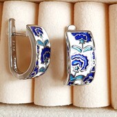 Серебряные серьги с синий эмалью серебро 925 пробы