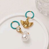 Сережки асиметрія, підвіска янгол, перлинка крупна барокова, серце з цирконом, позолота