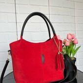 Жіноча сумка шопер натуральна замша червоний чорний довга і коротка ручка