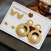 Набір сережок три пари кільця, круги, перлинки, метелики, кульки. Медзолото