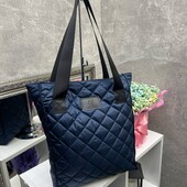 сумка стьобана плащівка А4 шопер жіноча велика темно синя