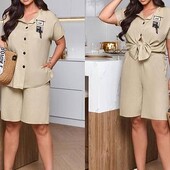 Жіночий літній льяний дихаючий костюм двійка сорочка та шотри.