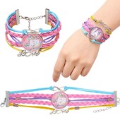 Багатошаровий плетений браслет рожевого кольору з єдинорогом, знаком нескінченності та написом Love